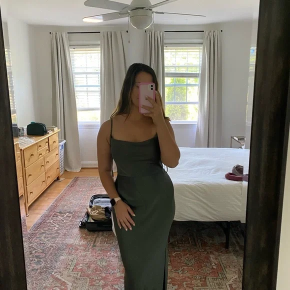 BHLDN Cali Satin Cowl-Neck Midi Slip Dress Size 10 Olive Green/Forrest - Picture 3 of 4